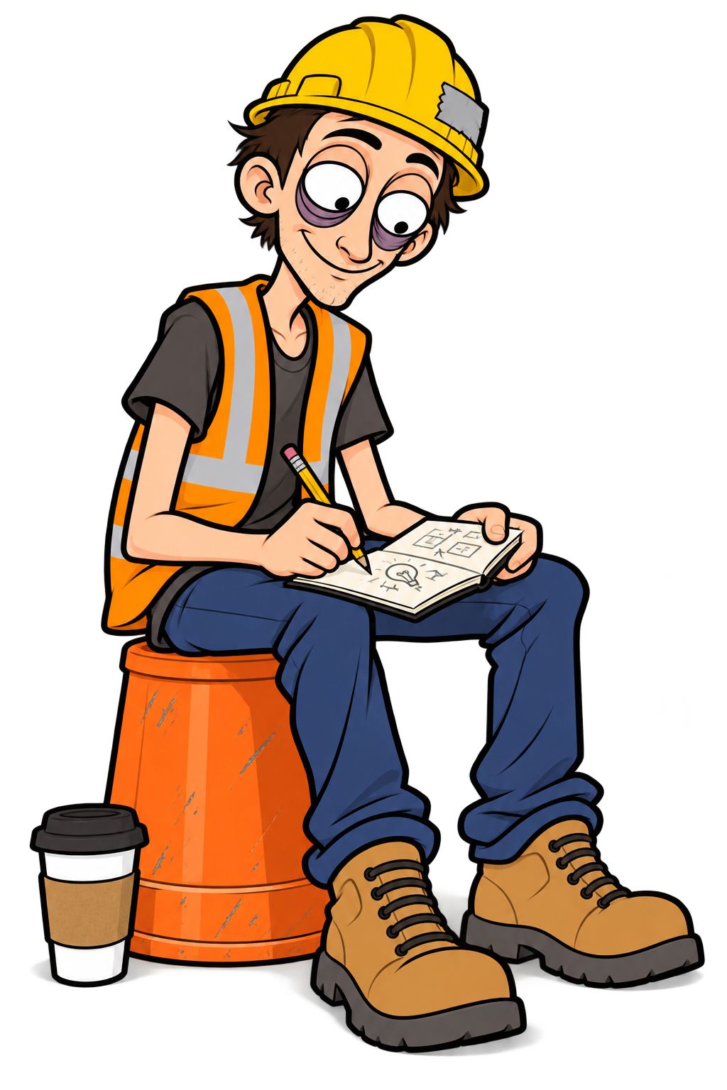 Joe sitting on a construction bucket, writing in a notebook